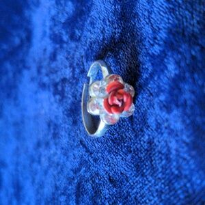 Vintage silver tone ring with red rose flower and clear rhinestones